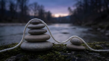 Eye-level view of smooth river stones stacked with soft thread connecting them, evokes balance, mindfulness and calm therapeutic atmosphere.