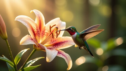 Obraz premium Hummingbird feeding on dewy lily flower