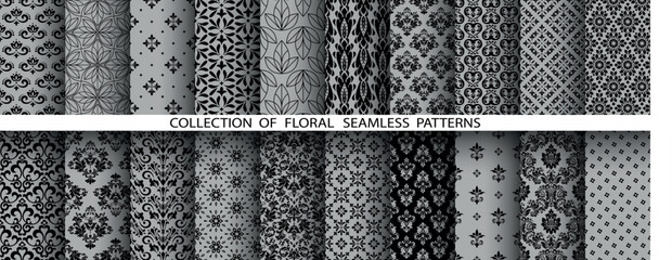 Geometric floral set of seamless patterns. Gray and black vector backgrounds. Damask graphic ornaments