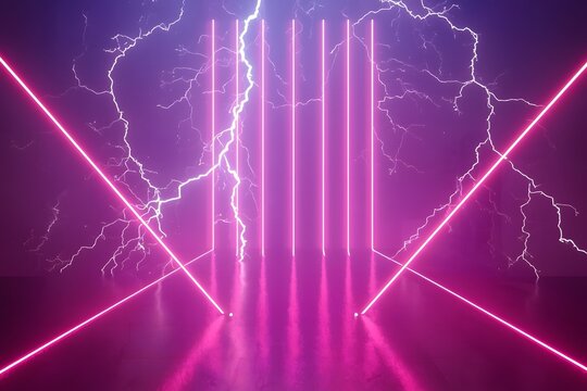 3d render, abstract background, glowing lines, lightning, ultraviolet, neon lights, laser show, virtual reality, zigzag rays.
