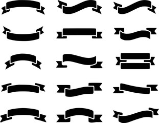 Collection of Black Silhouetted Ribbon and Banner Icons on White Background