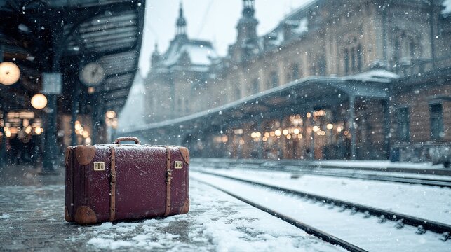 A vintage suitcase sits on a snowy train platform, surrounded by falling snowflakes and a historic station backdrop.