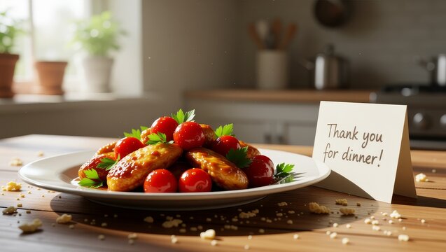 Dinner plate with sausages cherry tomatoes parsley and thank you card - Powered by Adobe