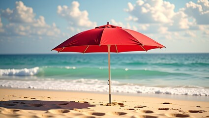 Red beach umbrella on sandy shore with ocean waves