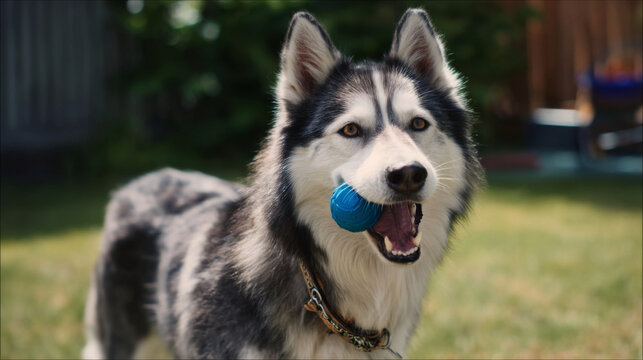Happy husky dog playing fetch in a sunny backyard, showing energetic movement, joy, and an active outdoor pet lifestyle in natural daylight