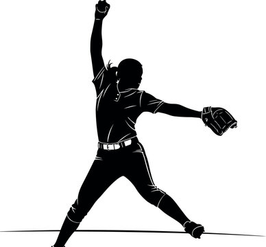 Female softball pitcher silhouette in dynamic windup and throwing action, vector illustration representing fastpitch sport, athletics, game, and competition graphic