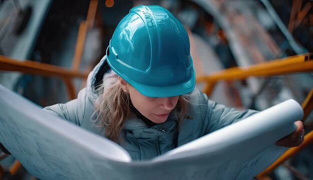 Engineer in hard hat reviews blueprints on construction site