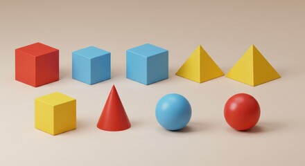 Colorful 3D geometric shapes in rows on a plain background