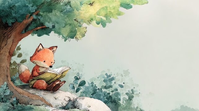 A charming illustration of a fox reading a book under a tree, surrounded by lush greenery, evoking a sense of tranquility and imagination.