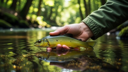 Hand holding fish above forest stream water