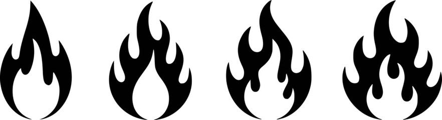 Collection of Four Stylized Black Flame Icons on White Background