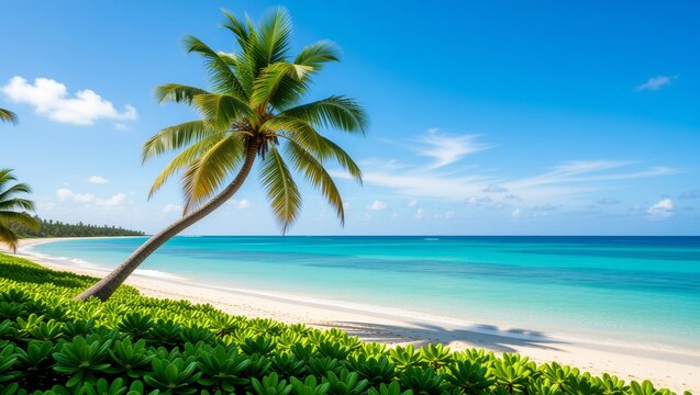 Leaning palm tree on tropical beach with turquoise ocean - Powered by Adobe