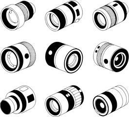 Collection of Nine Isometric Camera Lens Illustrations in Black and White