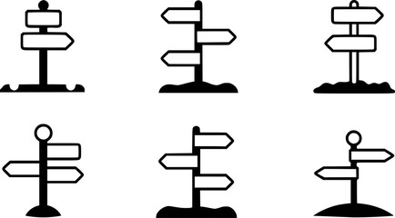 Collection of Six Black and White Directional Signpost Icons