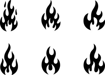 Collection of Six Stylized Black Flame Icons on White Background
