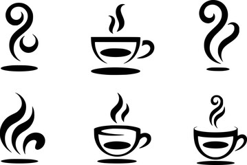 Collection of Stylized Black and White Coffee Cup and Steam Icons