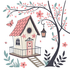 Fairy hanging house with flowers, balcony, lanterns and rope ladder on blossom branch. 