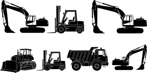 Set of heavy construction vehicles silhouettes including excavator, bulldozer, dump truck, and forklift, vector illustration for industry, building, and machinery graphic