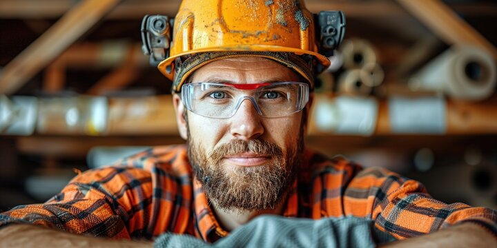 Confident builder with protective gear ready to work on construction project site