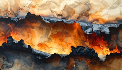 Close-up illustration of scorched paper with flames. Edges are torn and charred. Colors include oranges, browns, grays, and black