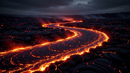 Lava flow across volcanic terrain at night