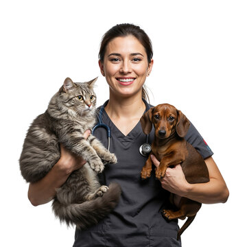 Smiling veterinarian holds cat and dog professional animal care and compassion isolated on transparent background