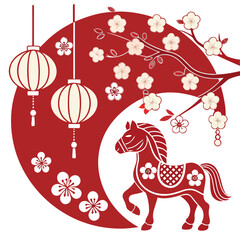 chinese zodiac sign,Red decorative scene with lanterns, plum blossoms, and horse figurine for festive decor