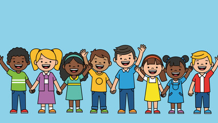 Happy diverse children holding hands and waving, symbolizing friendship, unity, and inclusion. Cartoon illustration of smiling kids.