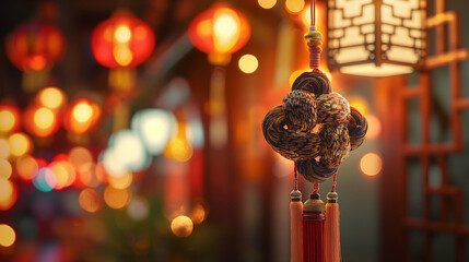 Intricate Chinese knot hanging among lanterns at night market
