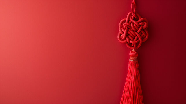 Traditional red Chinese knot with tassel on red background