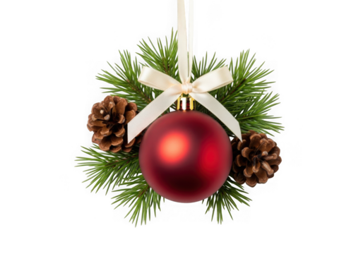 Christmas ornament with red bauble, pinecones, and ribbon isolated on transparent background