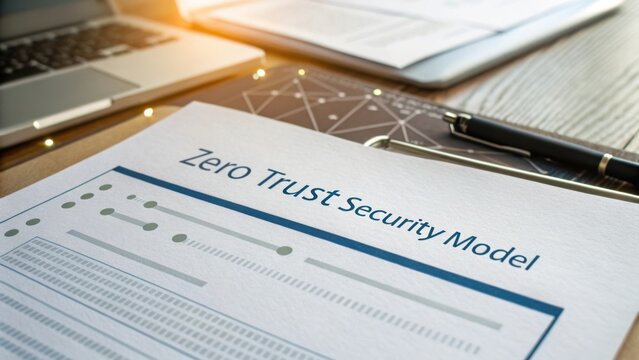 Zero Trust Security Model Document with Laptop and Notepad on Wooden Desk with Warm Lighting and Elegant Background