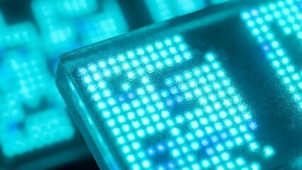 Close-up of a matte microchip surface with neon padlock-shaped bokeh in background, conveys security, high-tech innovation and futuristic digital protection.