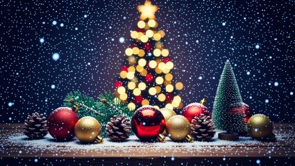 Christmas ornaments and tree with snowfall