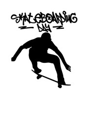silhouette of a man with a skateboard with letter SKATEBOARDING DAY graffiti, style design for t shirt, sticker, poster, graphic