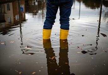 Flooded street and person wearing yellow rubber boots standing in the water during heavy rain and autumn season, environmental disaster