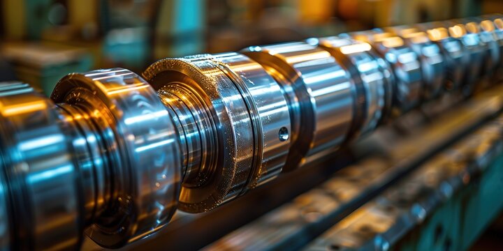 Precision machined shiny steel parts for high-tech industrial application, closeup view