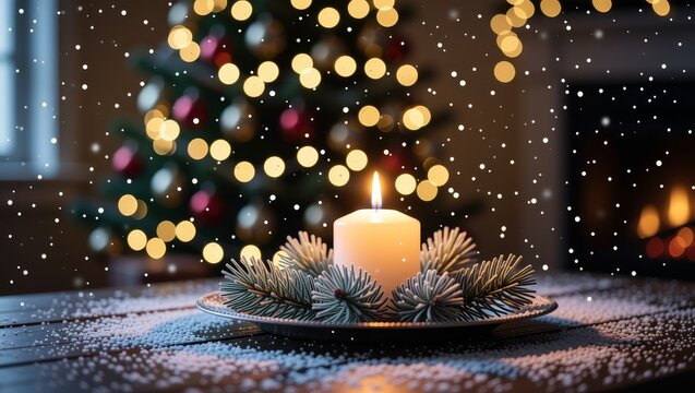 Lit candle with pine branches and snowfall near Christmas tree