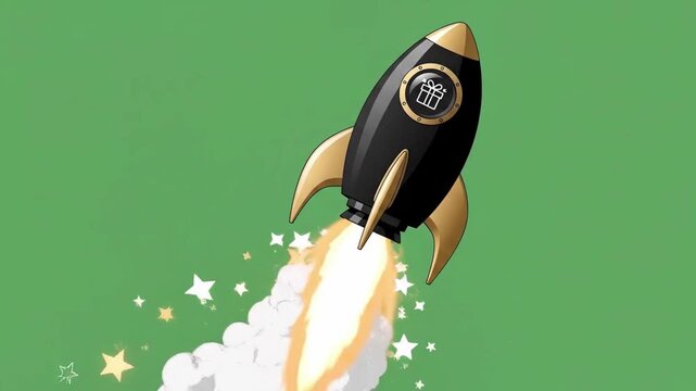 Cartoon Gift Rocket Launching on Green Background
