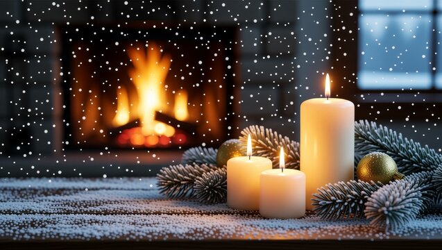 Winter fireplace with lit candles and snow - Powered by Adobe