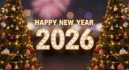 Celebrate the arrival of 2026 with a festive and sparkling Happy New Year greeting featuring beautifully decorated Christmas trees and bokeh lights