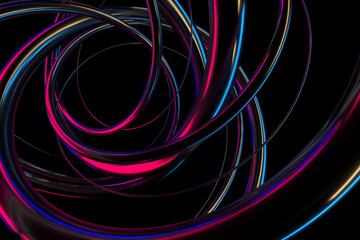 Abstract neon swirls with dynamic light effects and futuristic design. 3d render