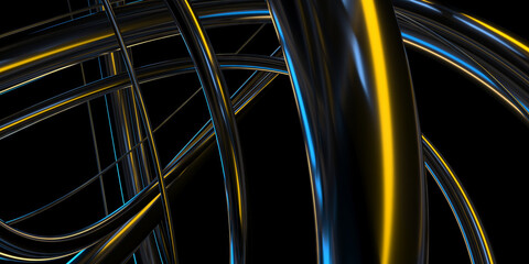 Abstract futuristic metallic tubes with blue and yellow light effects on black background. 3d render