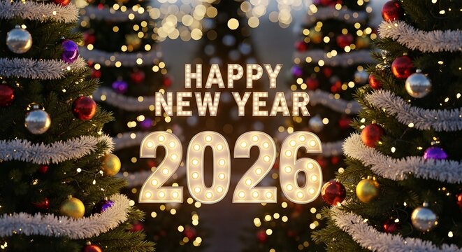 Celebrate the arrival of 2026 with a festive and illuminated Happy New Year message surrounded by beautifully decorated Christmas trees, symbolizing joy, hope, and new beginnings for the upcoming year