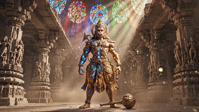 A muscular man in ornate armor stands heroically with a mace in a grand, ancient temple with intricate carvings and stained glass windows, exuding a sense of power and mysticism.