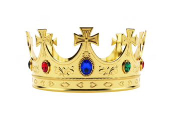 A golden crown with gemstones isolated on transparent background