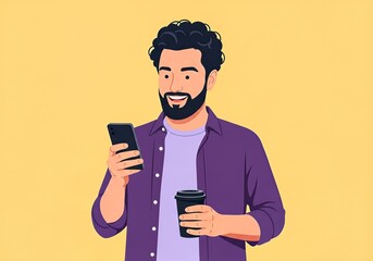 Cheerful bearded man with curly hair holding a smartphone and a cup of coffee, smiling while looking at his mobile device against a yellow background, perfect for lifestyle and technology themes