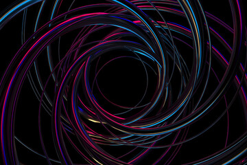Vortex of neon light rings in abstract dark space for artistic design. 3d render