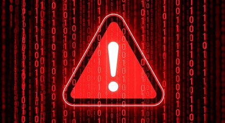 Digital Warning Sign A Red Exclamation Mark in a Triangle Against a Backdrop of Red Binary Code Illustrating Data Breach and Cybersecurity Threats