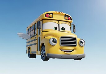 Whimsical yellow school bus cartoon with white wings, blue sky